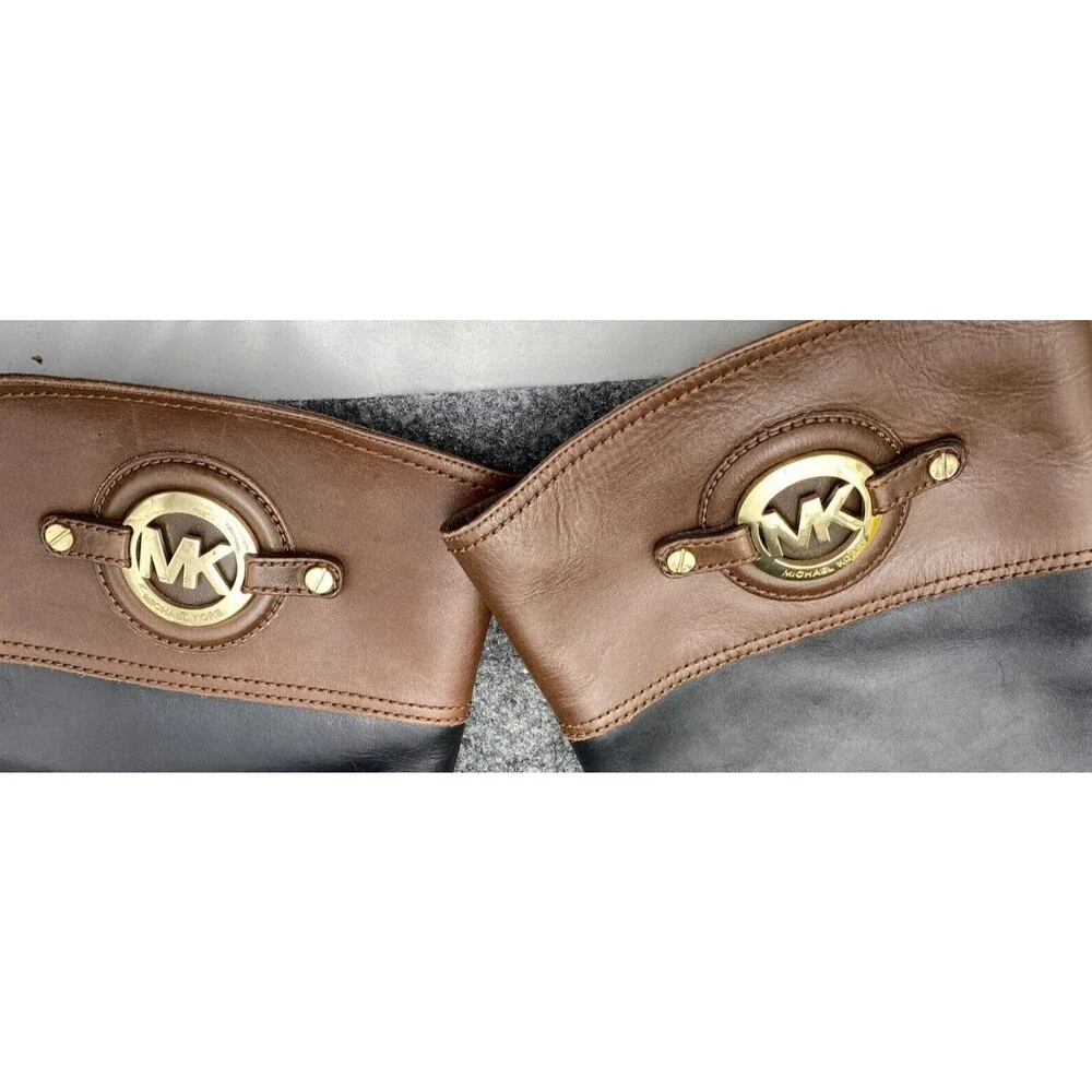 Michael Kors Two-Tone Leather Riding Boots Black Brown Gold MK Logo Size 8.5M